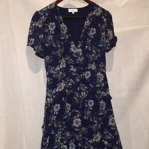 NSR Navy floral V-neck A-line Dress | MIDI | Size M